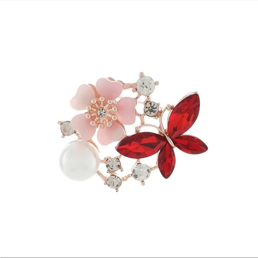 Vintage Elegant Flower Butterfly Brooch Pin with a pearl Gold 14K plated